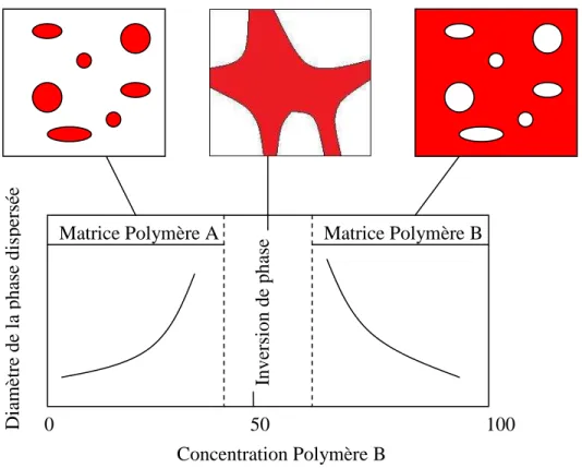 Figure 2-6 : Morphologies des mélanges de polymères à deux composants en fonction de la composition 