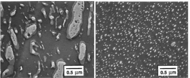 Figure 2-11 : Micrographies au microscope électronique à balayage (MEB) d'un mélange PS/PPMA (a)  non compatibilisé et (b) compatibilisé avec 5% de SM (Macosko et al., 1996)