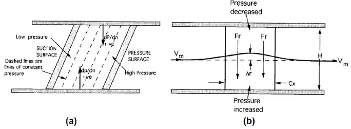 Figure 2-9: Illustration of effect of forward-lean on passage pressure distribution (a) Front view  (b) Side view (Denton and Xu 1998) 