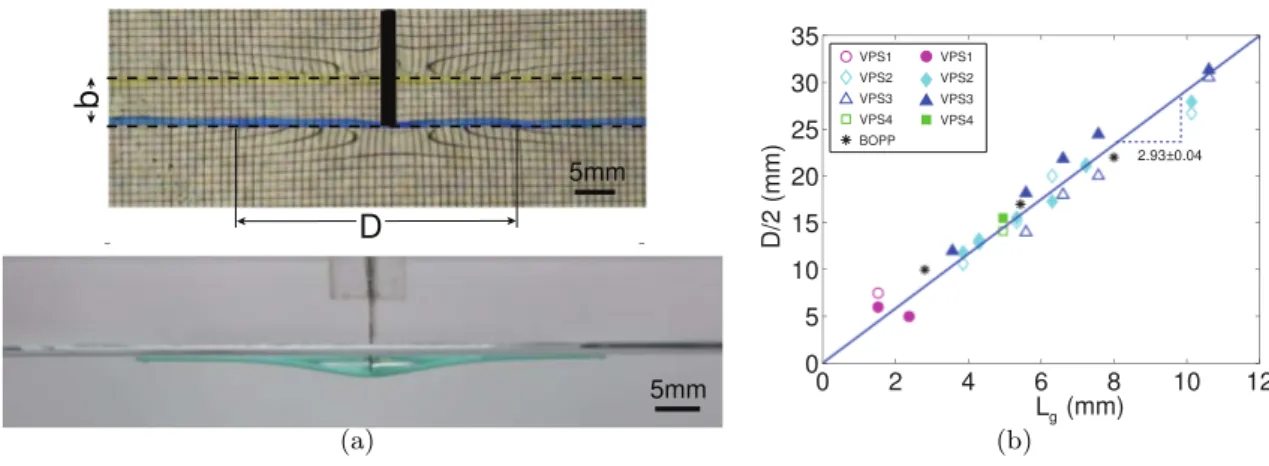 Figure 1.17 – (a) Mesure de la taille de déformation D d’une plaque posée à la surface de l’eau à laquelle est imposée une déflexion centrale H = 2.3 mm