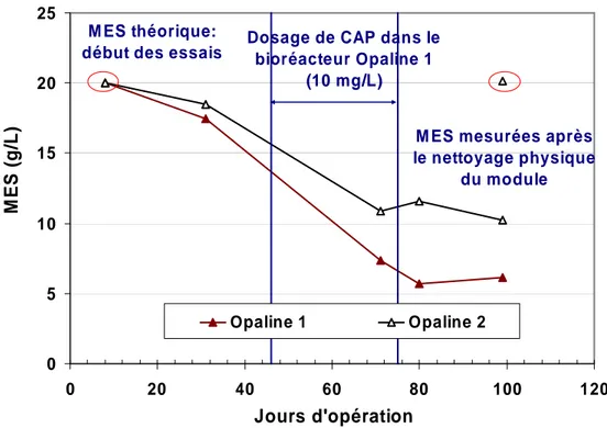 Figure 3-1: Évolution de la concentration de MES dans les bioréacteurs Opaline 1 et 2 