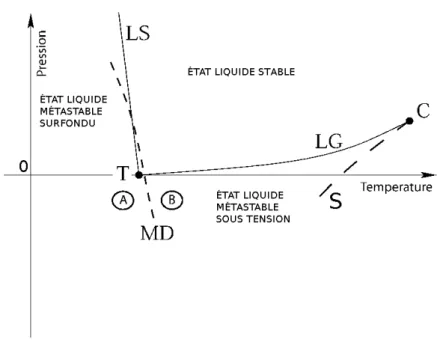 Fig. 2.1 – Diagramme de phase de l’eau, avec C le Point Critique (373,8 o C, 220 bar), T le Point Triple (0 o C, 6 mbar), les lignes d’´equilibres Liquide / Gaz (LG),