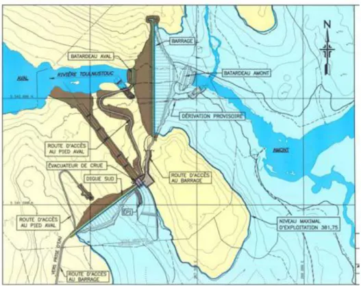 Figure  2-2  :  Le  barrage,  la  digue-sud  et  l'évacuateur  de  crue(Beauséjour,  Bouzaïene, Bigras, &amp; Bergeron, 2006) 