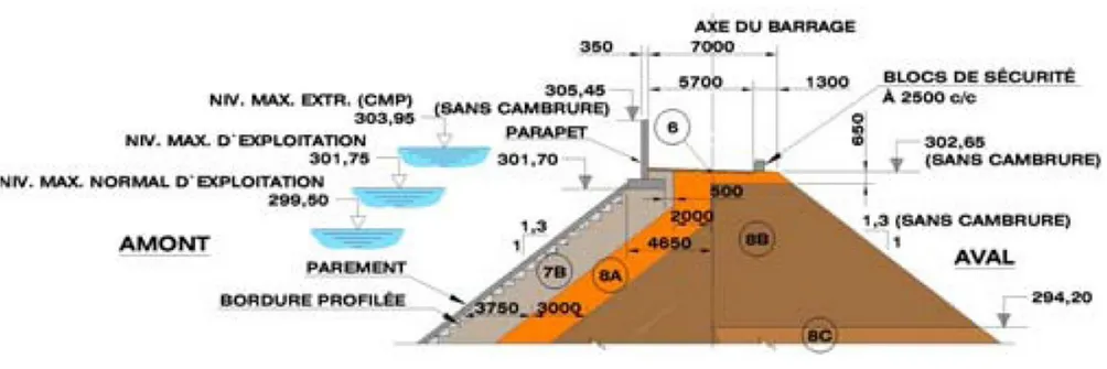 Figure 2-5 : Coupe type du sommet du barrage de la Toulnustouc(Boisjoly, et al., 2006) 