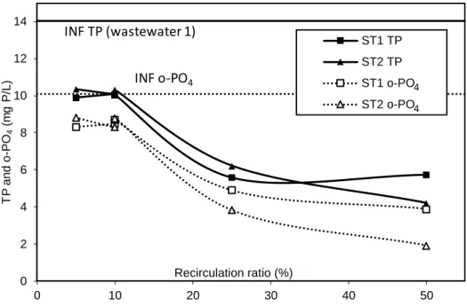 Figure 3.6 : Relationship between mean P concentration at the effluent of the pilot unit and  recirculation ratio 