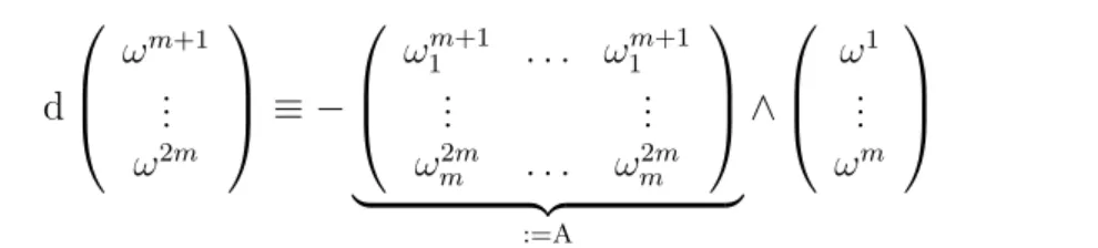 tableau is then involutive. Lagrangian manifolds in C 3 d  ω 4ω5 ω 6  ≡ −  ω 41 ω 42 ω 3 4ω51ω52ω35ω6 1 ω 62 ω 3 6  ∧  ω 1ω2ω3  (B.21) The Levi-Civita connection on C 3 is a u(3)-valued differential 1-form