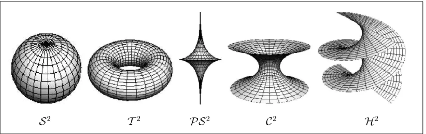 Figure 1.1: Sphere, torus, pseudo-sphere, catenoid and helicoid