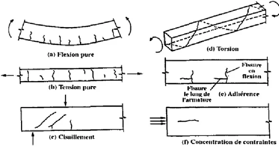 Figure 11 : Fissuration sous divers types d’efforts (Lapointe, 1997)  1.3.1.5  Fissurations causées par des erreurs de conception 