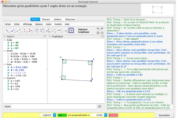 Figure 2.1 L’interface de QED-Tutrix montrant le problème classique du rectangle. Le haut de l’interface énonce le problème avec un texte et une figure