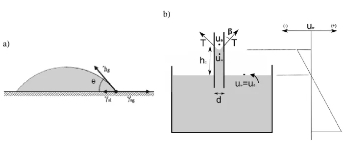 Figure  2-2 :  Angle  de  contact  entre  le  fluide  et  la  surface  du  solide(a);  Principe  de  rétention  capillaire dans un tube (b) (adapté de Marhinho et al., 2008) 