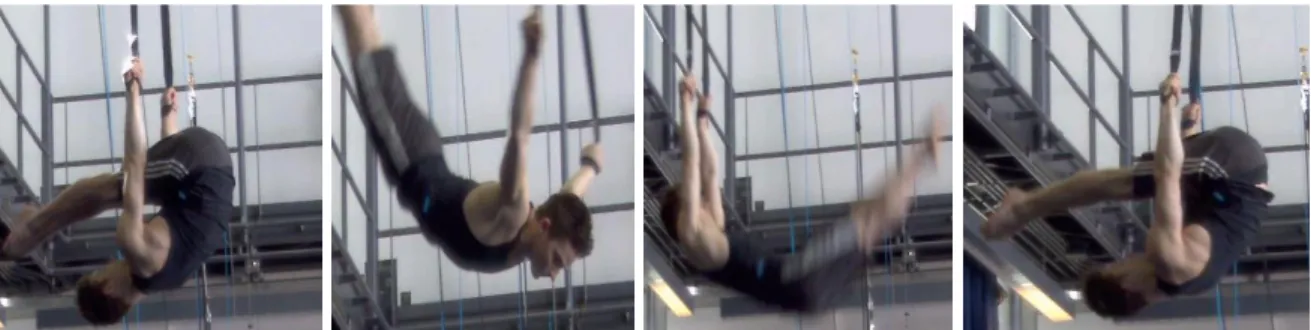 Figure 4-11 : Mouvement de « dislocation » en sangles commencé en position carpé : quatre  photographies montrant l’évolution du mouvement
