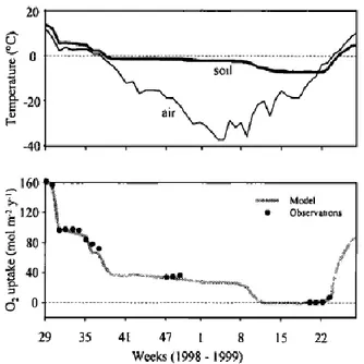 Figure 2-7 : Température du sol, température de l'air, mesures de consommation d'oxygène in situ  et modélisation (tiré d'Elberling, 2001) 
