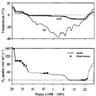 Figure 2-7 : Température du sol, température de l'air, mesures de consommation d'oxygène in situ  et modélisation (tiré d'Elberling, 2001) 