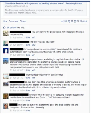 Figure 1.1: Part of a dialogue in Facebook, taken from the page of the non-governmental organi- organi-sation Debating Europe.