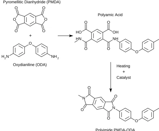 Figure 1.2: Genesis of the PMDA-ODA polyimide similar to the polyimide Kapton developed by DuPont (Talon, 2007)