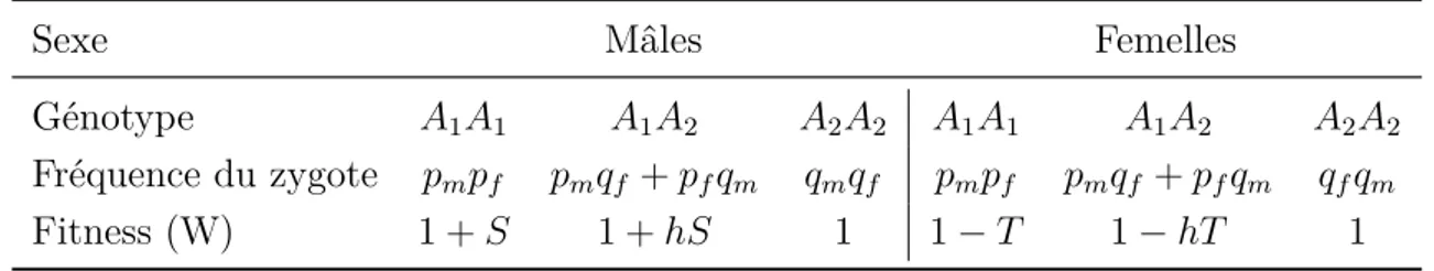 Table 2.1 – Modèle de sélection sexuellement antagoniste pour un locus au- au-tosomal