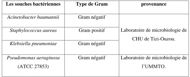 Tableau I : Tableau descriptif des différentes bactéries utilisées dans notre étude.  Les souches bactériennes  Type de Gram  provenance 