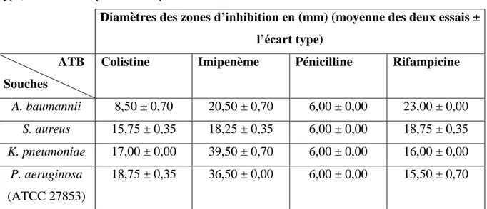 Tableau VIII : Résultats des diamètres des zones d’inhibition en mm (moyenne ± l’écart 
