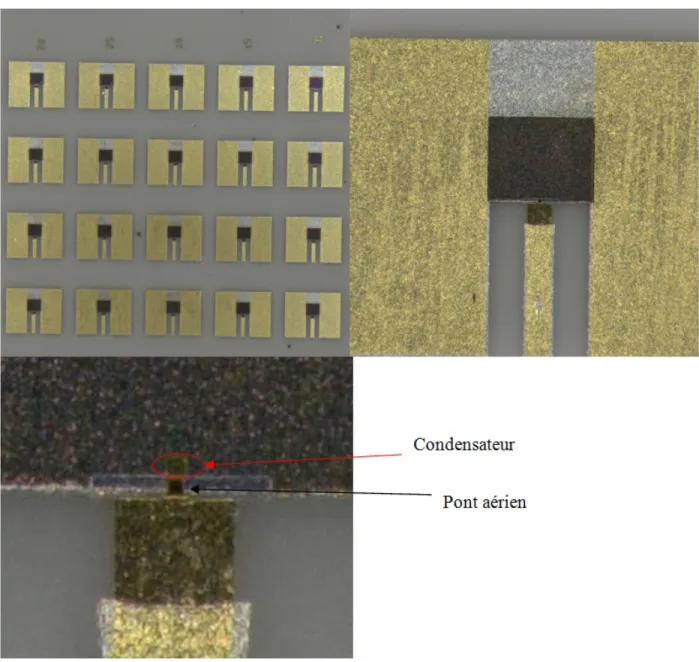 Figure 1-9 : Photographie des condensateurs à plaques parallèles fabriqués et détail de la zone  active 