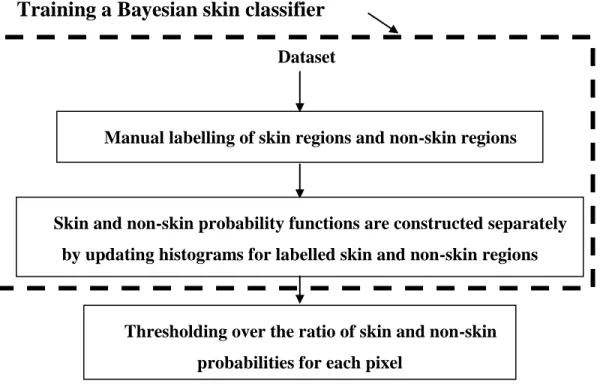 Figure 3.3 Steps for constructing a Bayesian skin classifier and Bayesian skin classification  