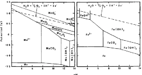 Figure 2.1. Eh-pH stability diagram for iron and manganese at 25 o C and divalent species concentration 