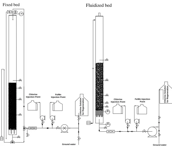 Figure 3.3. Schematic of pilot plant experimental set-ups. Left: Fixed bed. Right: Fluidized bed.