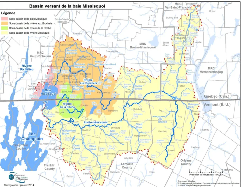 Figure 3-3: Bassins versants de la baie Missisquoi, tirée de Organisme du bassin versant de la baie Missisquoi (2015)