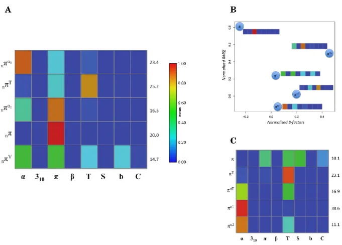 Figure  1.7  Different  clusters  for  α-helix.  A)  Five  clusters  with  a  gradient  of  color  are  shown 