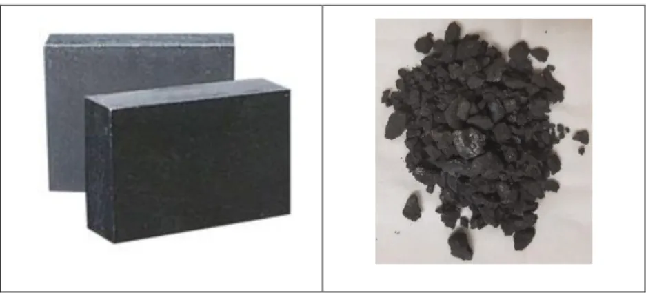 Figure 1.2 : Briques réfractaires de MgO-C avant (à gauche) et après (à droite) avoir été converties  en réactif de BPR 