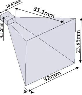 Figure 2-9 : Cornet métallique ayant un gain de 15 dB. Les dimensions sont données pour  l’intérieur du guide et du cornet