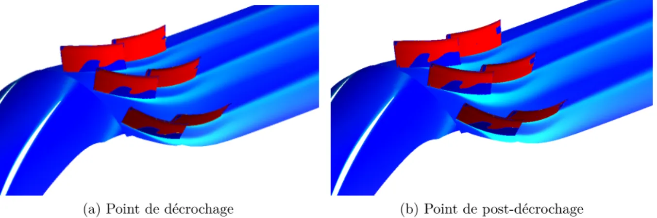 Figure 4.7 Zones de décollement sur le stator du CC au point de décrochage et au premier point décroché