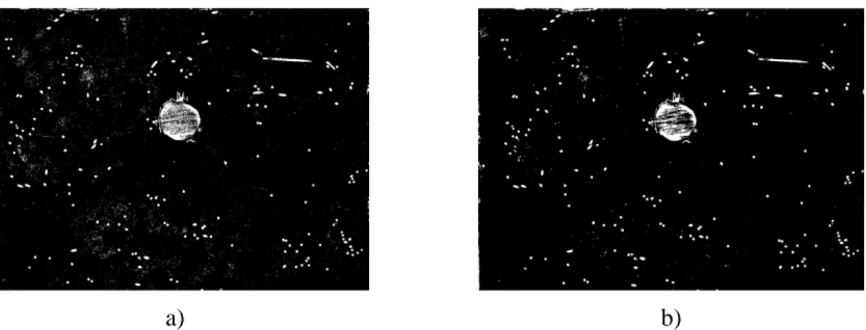 Figure 3-13 : Comparaison entre a) une binarisation par seuillage et b) une binarisation par  analyse morphologique puis seuillage