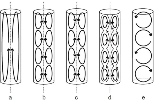 Figure 2.5 – Différents patrons de recirculation du liquide observés : a. recirculation moyenne ; b
