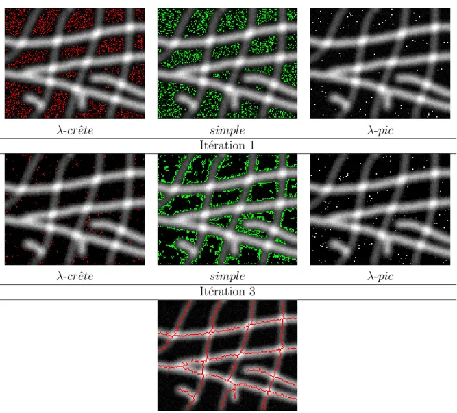 Figure 1.13 – Abaissements au cours de la 1 ère et la 3 ème itération de l’amincissement paramétré sur une image synthétique bruitée (σ = 5) avec λ = 12
