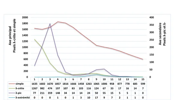 Figure 1.14 – Nombre de pixels simple, λ-crˆete, λ-pic and λ-extr´emit´e abaissés au cours des 15 premières itérations de l’amincissement paramétré appliqué à l’image de la  fi-gure 1.9.