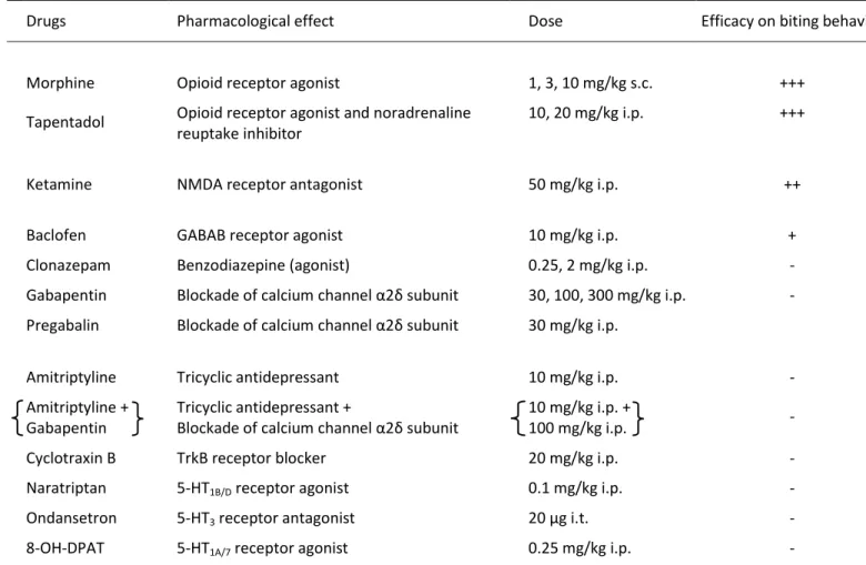 Table 1:  Pharmacological treatments tested for potential anti-allodynic effects in spinal cord-transected rats 