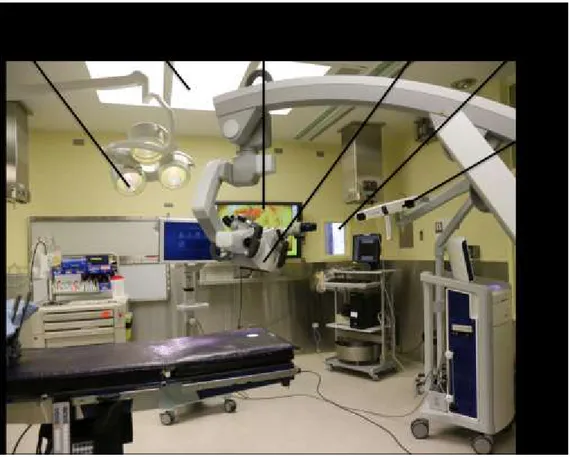 Figure 4.6: Sources of ambient light in the operating room: (A) surgical lights (Dr Mach, model  380, Germany) (B) fluorescent light sources (C) liquid-crystal display (LCD) monitors (D) 