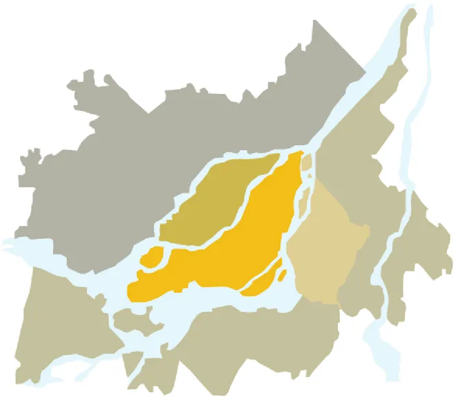 Figure  2-11 :  Découpage  géographique  du  tableau  de  la  mobilité  et  de  l’emploi  par  secteur  (AMT, 2011b) 