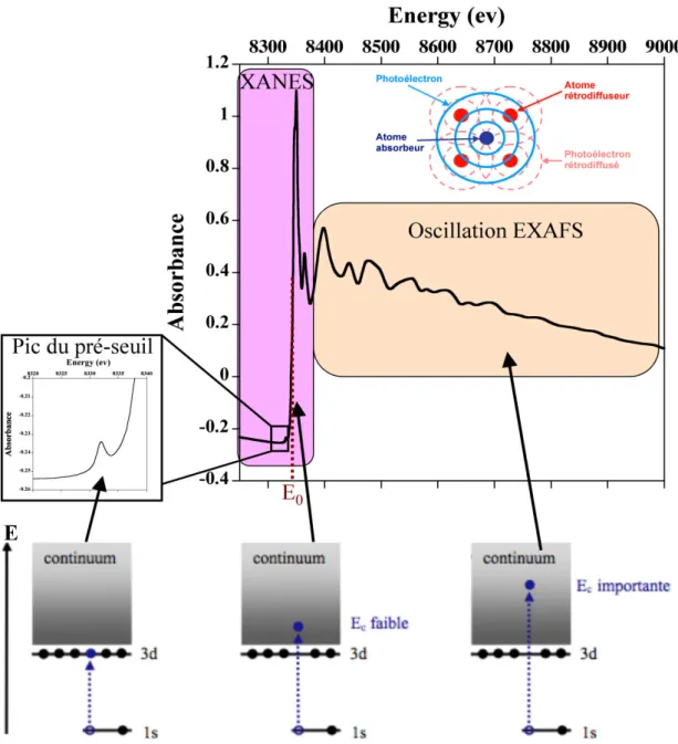 Figure  II-4 :  Schématisation  des  différentes  régions  spectrales  composant  un  spectre  d’absorption des rayons X au seuil K du Ni, du composé de référence de saponite synthétique.