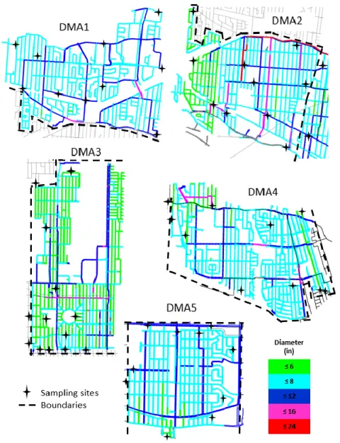 Figure 3.1: DMAs boundaries with pipe diameters and sampling sites locations 