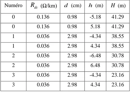 Tableau 2.19 : Données des pylônes des lignes de type 5  Numéro  R dc  (Ω/km)  d  (cm)  h  (m)  H  (m)  0  0.136  0.98  -5.18  41.29  0  0.136  0.98  5.18  41.29  1  0.036  2.98  -4.34  38.55  1  0.036  2.98  4.34  38.55  2  0.036  2.98  -6.48  30.78  2  0.036  2.98  6.48  30.78  3  0.036  2.98  -4.34  23.16  3  0.036  2.98  4.34  23.16 