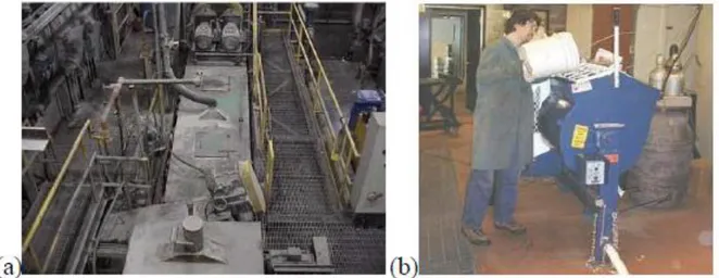 Figure 2.5 : Vue générale des malaxeurs pour les RPC : a) malaxeur à double vis (à l’usine de  remblai) et b) malaxeur à béton (au laboratoire) (tirée de Belem et al