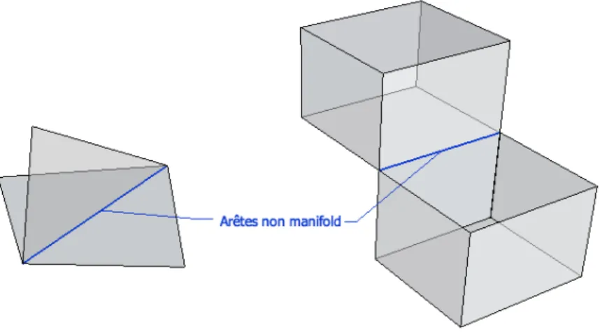 Figure 3.5 : Exemples d’arêtes non « manifold ».  Ces arêtes sont désignées non  « manifold » lorsqu’elles sont connectées à plus de deux faces 