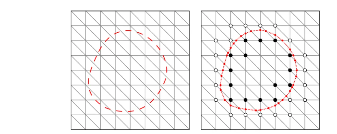 Figure 2.17: Simplicial decomposition and corresponding approximation of a contour. The control points of the snake (in red) evolve on the simplicial grid.