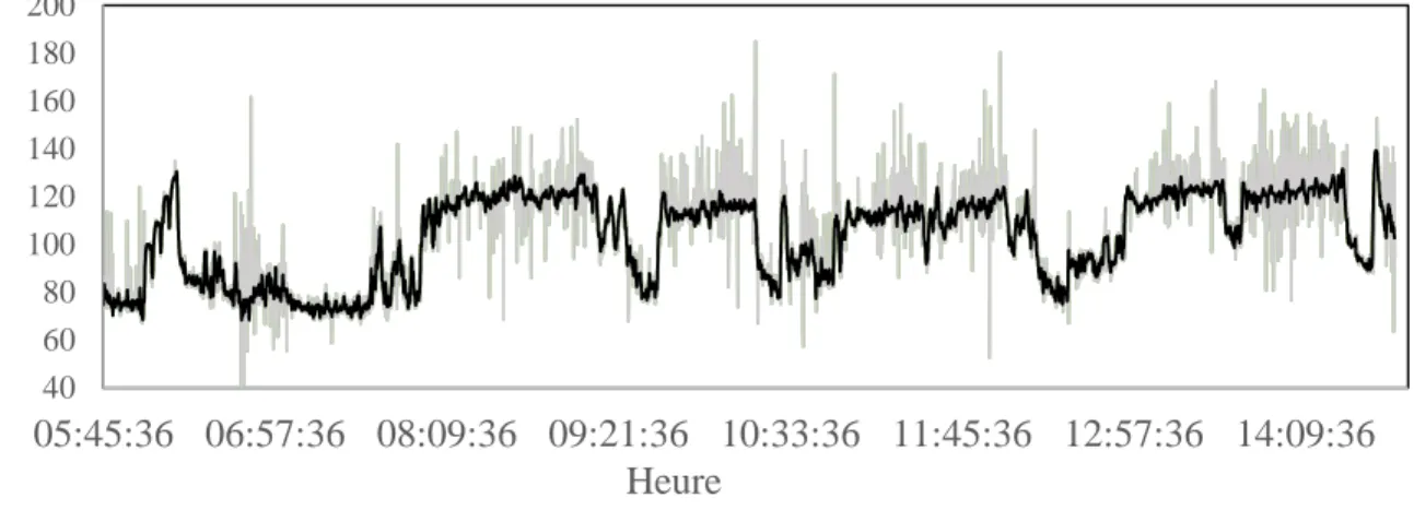 Figure 2-1: Example de signal cardiac bruité (gris) et nettoyé (noir) d’un sujet lors d’une journée  de mesure