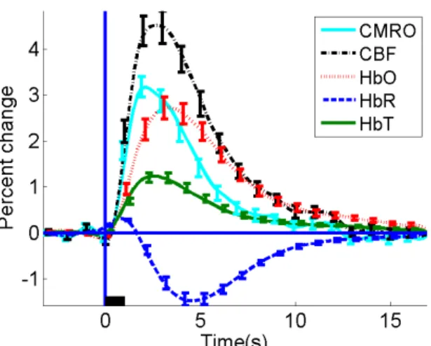 Figure 2.1: Exemple de r´ eponse h´ emodynamique mesur´ ee dans le cortex sensorimoteur suite ` a une stimulation de la patte