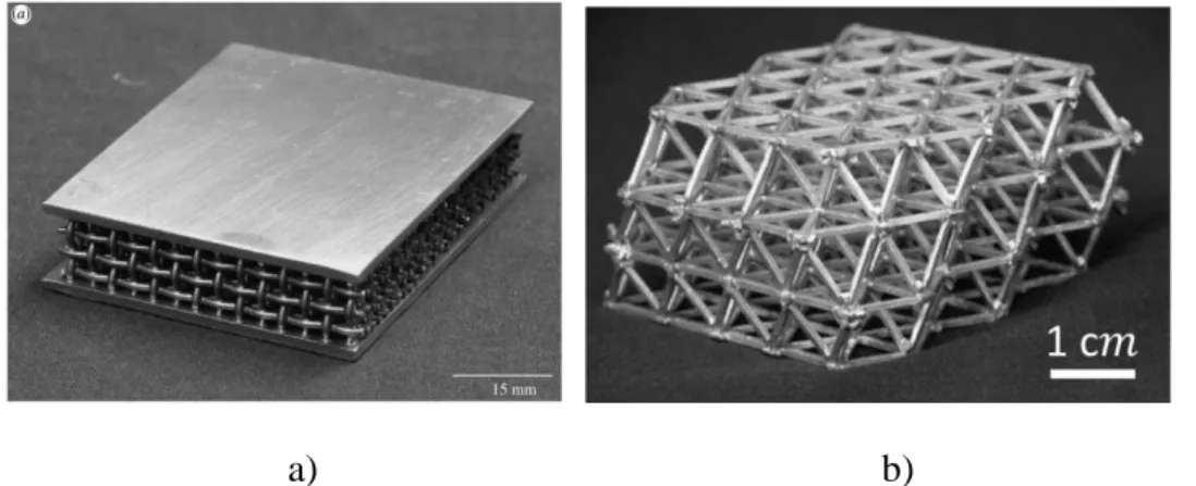 Figure 1-24 : a) Tissage 3D de fils métalliques et b) microtreillis 3D d'aluminium (à droite)  (Lee &amp; Kang, 2010; Wadley, 2006) 