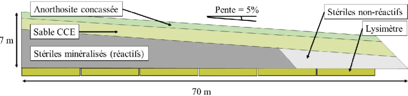 Figure  2.13  Coupe  transversale  dans  l’axe  principal  de  la  halde  expérimentale  construite  à  la  mine du Lac Tio