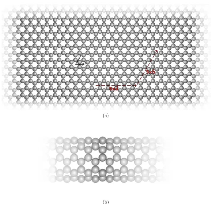 Figure 1.1 Graphene’s geometry (a) and resulting (5,5)-CNT (b) after rolling following dotted red lines