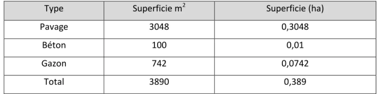 Tableau 2. 2: Superficie du bassin versant par type de surface 